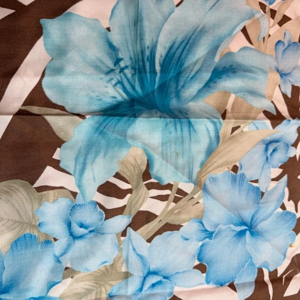 Adrienne Landau Studio Silk Scarf Zebra Floral Print Brown Blue Square 34in